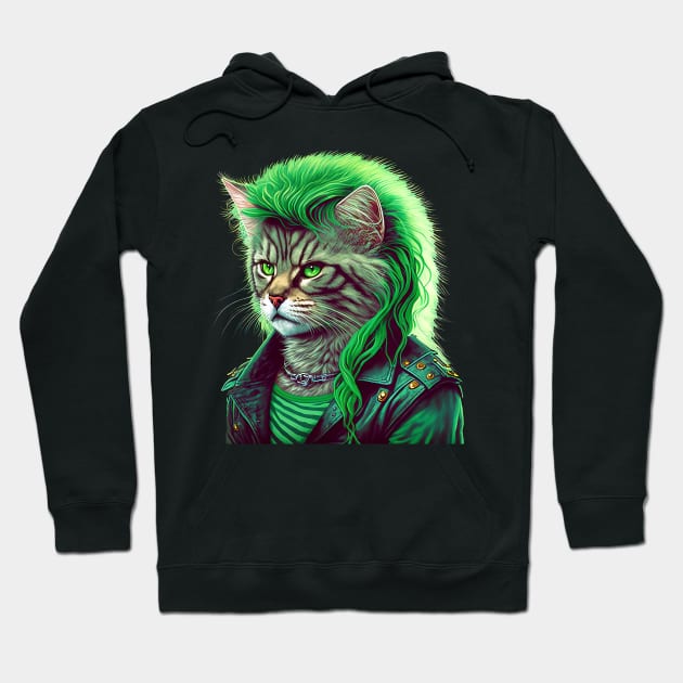 80s Heavy Metal Cat With Mullet Hoodie by DankFutura